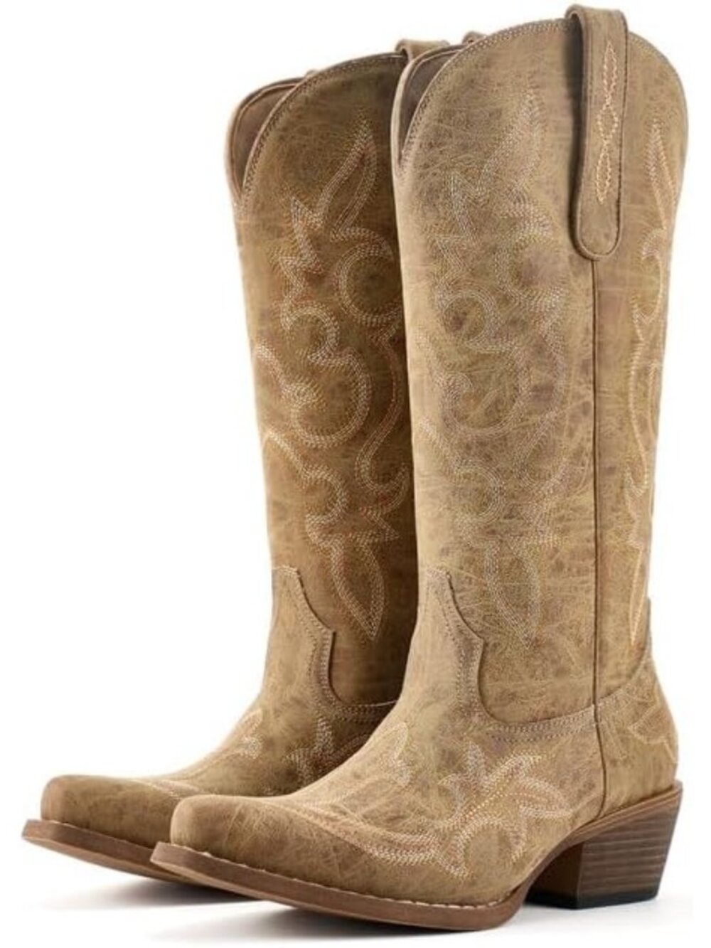 Women's Camel Boots Mid Calf Western Cowgirl Boots Chunky Heels Snip Toe Boots